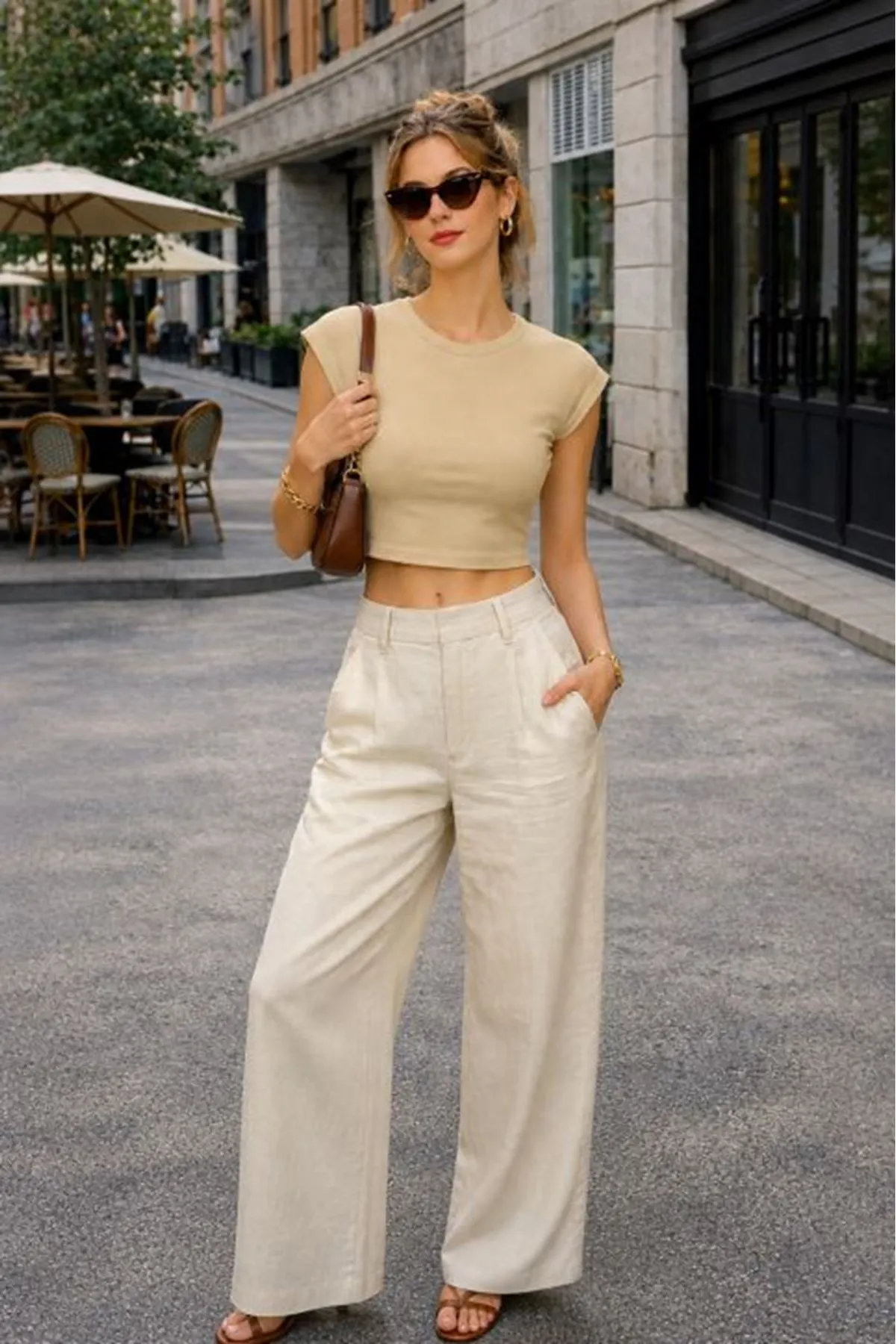 Ribana Kumaş Crop Top-Bej