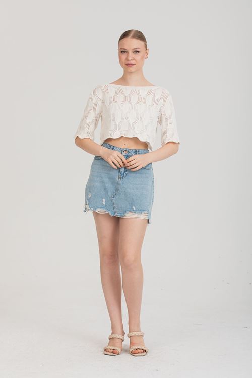 Mevsimlik Ekru Renk Kısa Kollu Örmek Kazak