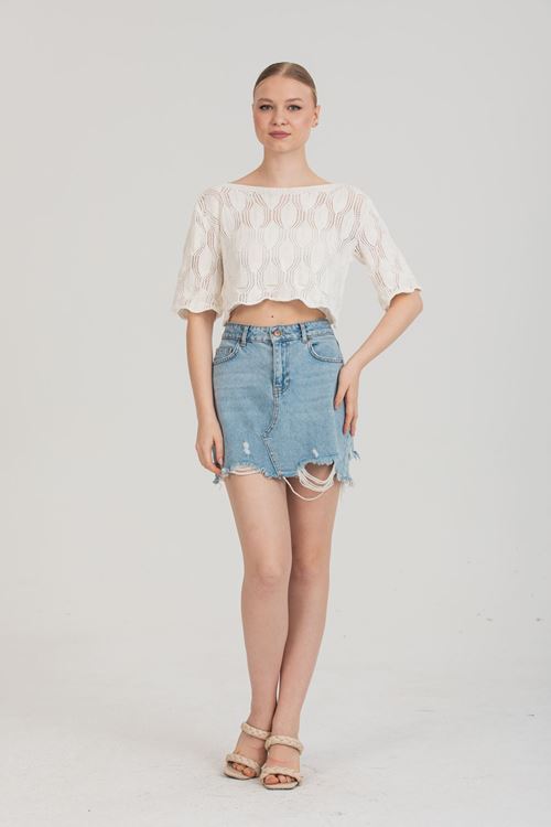 Mevsimlik Ekru Renk Kısa Kollu Örmek Kazak