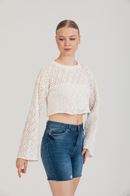 Mevsimlik Örme Triko Ispanyol Kol Beyaz Renk Kazak