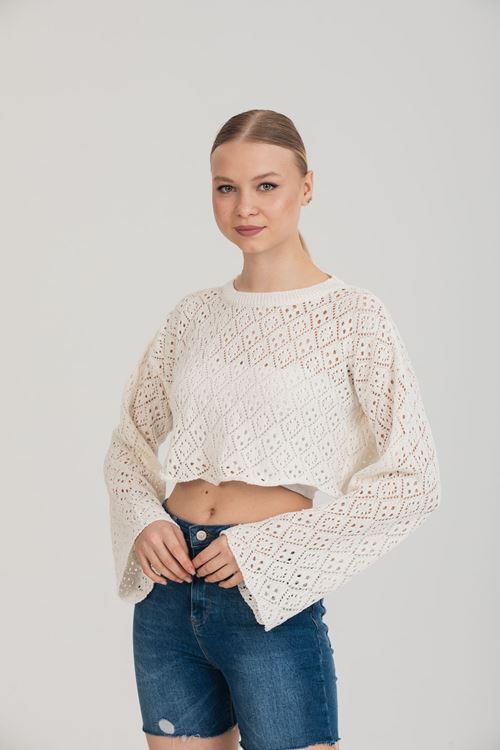 Mevsimlik Örme Triko Ispanyol Kol Beyaz Renk Kazak