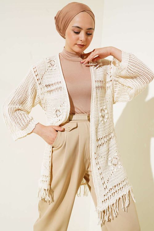 ETEK UCU PÜSKÜLLÜ DÜŞÜK OMUZLU TRİKO HIRKA