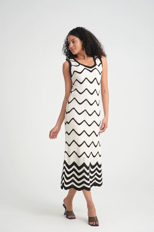 KALIN ASKILI ZİGZAG ÇİZGİ DESENLİ TRİKO ELBİSE