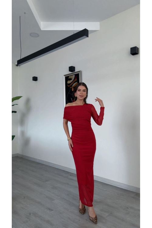 Tek Omuz Drapeli Şifon Elbise