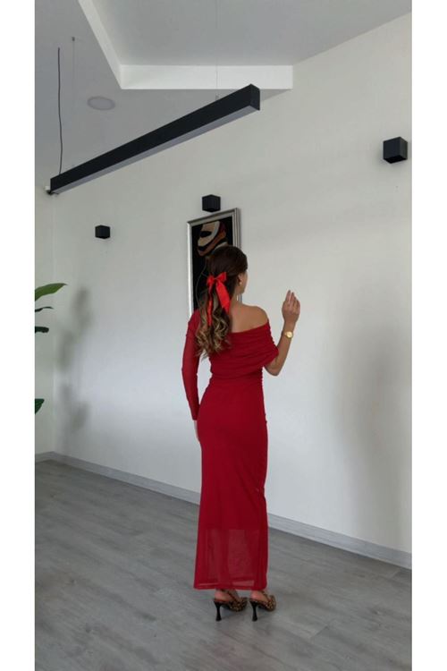 Tek Omuz Drapeli Şifon Elbise