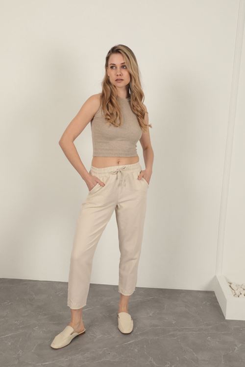 Keten Kumaş Püsküllü Paça Kadın Pantolon-Taş