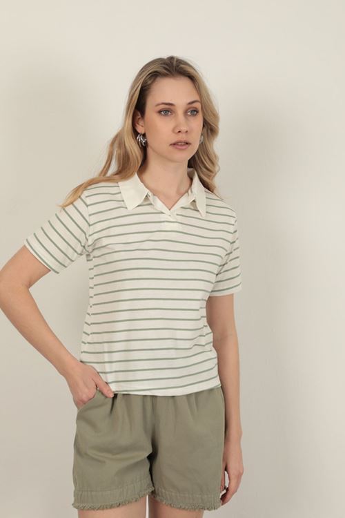 Süprem Kumaş Çizgili Kadın Tişört-Yeşil