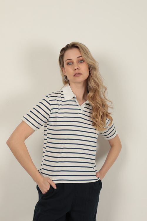 Süprem Kumaş Çizgili Kadın Tişört-Lacivert