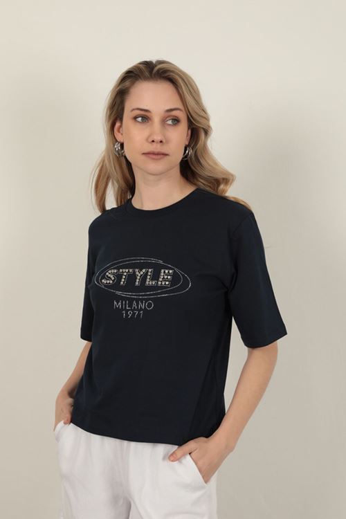 Süprem Kumaş Taş Detaylı Kadın Tişört-Lacivert