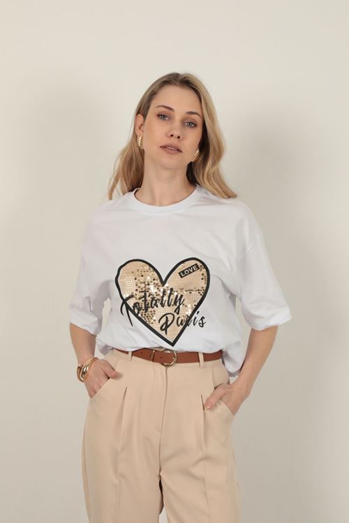Süprem Kumaş Pul Detaylı Kadın Tişört-Beyaz