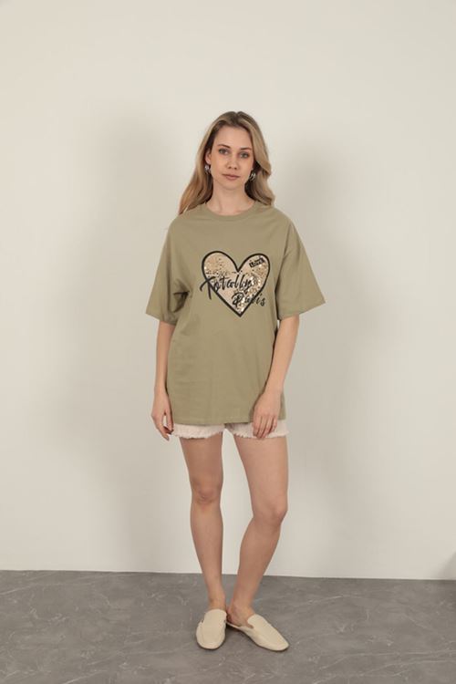 Süprem Kumaş Pul Detaylı Kadın Tişört-Haki