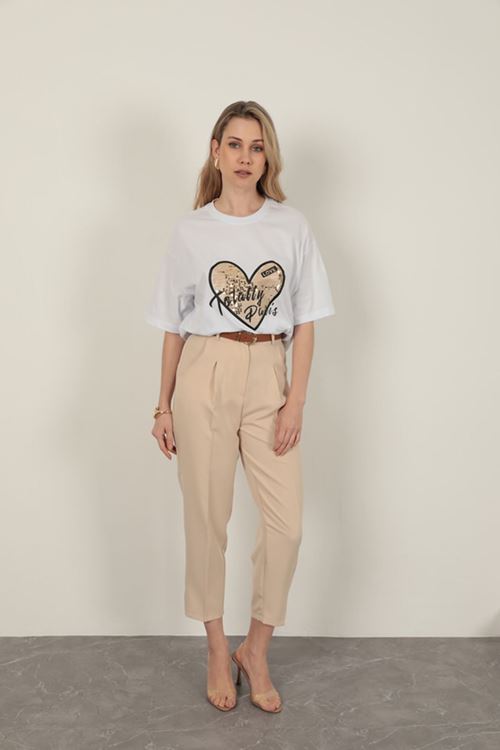 Süprem Kumaş Pul Detaylı Kadın Tişört-Beyaz