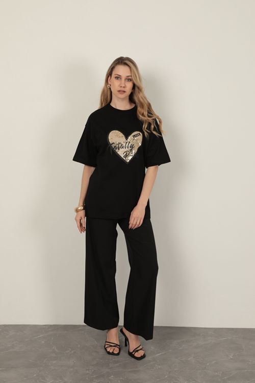 Süprem Kumaş Pul Detaylı Kadın Tişört-Siyah