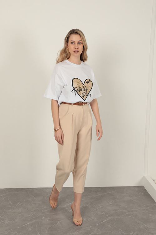 Süprem Kumaş Pul Detaylı Kadın Tişört-Beyaz