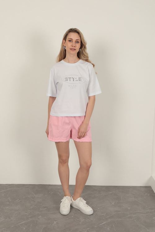 Süprem Kumaş Taş Detaylı Kadın Tişört-Beyaz