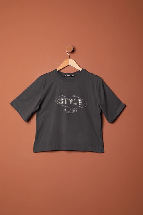 Süprem Kumaş Taş Detaylı Kadın Tişört-Antrasit