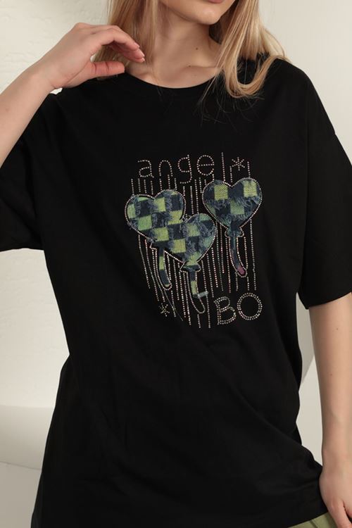 Süprem Kumaş Taş Baskılı  Kadın Tişört-Siyah