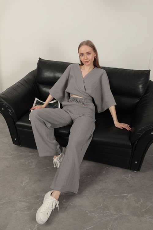 Müslin Kumaş Bol Paça Kadın Pantolon-Gri