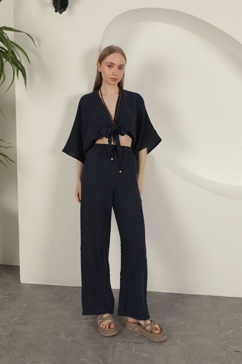 Müslin Kumaş Bol Paça Kadın Pantolon-Lacivert