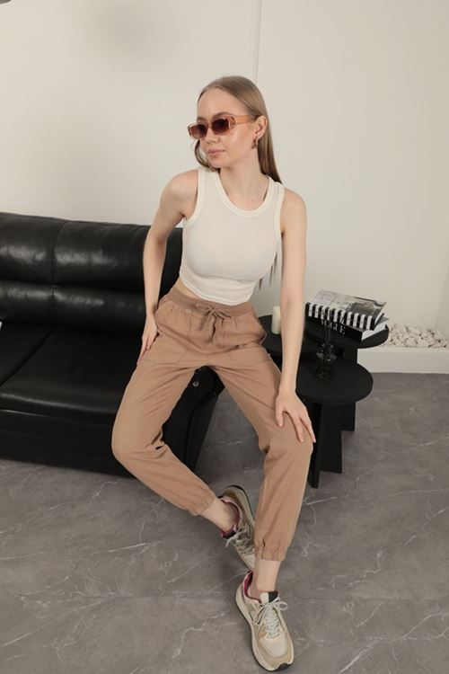 Gabardin Kumaş Paçası Lastikli Kadın Pantolon-Camel