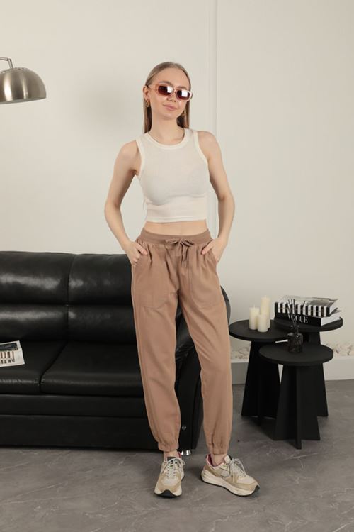 Gabardin Kumaş Paçası Lastikli Kadın Pantolon-Camel