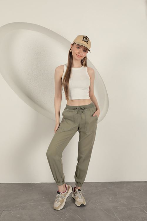 Gabardin Kumaş Paçası Lastikli Kadın Pantolon-Haki