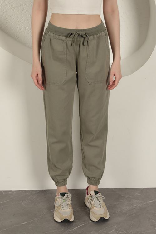 Gabardin Kumaş Paçası Lastikli Kadın Pantolon-Haki