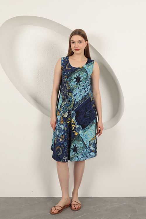 Viskon Kumaş Etnik Desenli Elbise-Saks