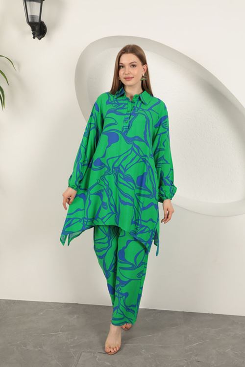 Viskon Desenli Kadın Takım-Yeşil