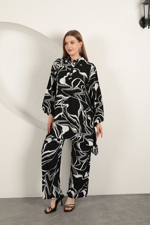 Viskon Desenli Kadın Takım-Siyah