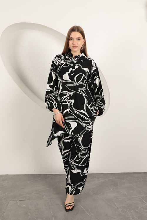 Viskon Desenli Kadın Takım-Siyah