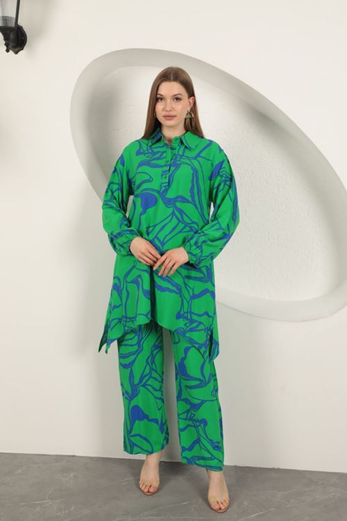 Viskon Desenli Kadın Takım-Yeşil