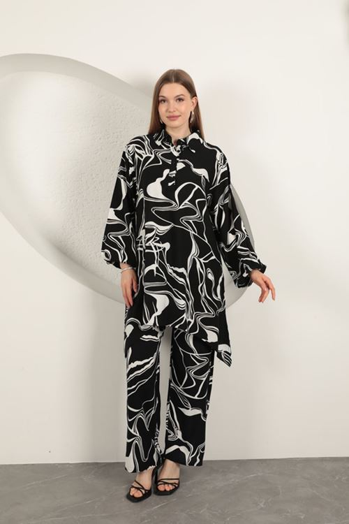 Viskon Desenli Kadın Takım-Siyah