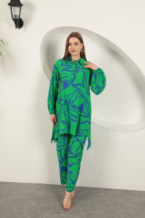 Viskon Desenli Kadın Takım-Yeşil