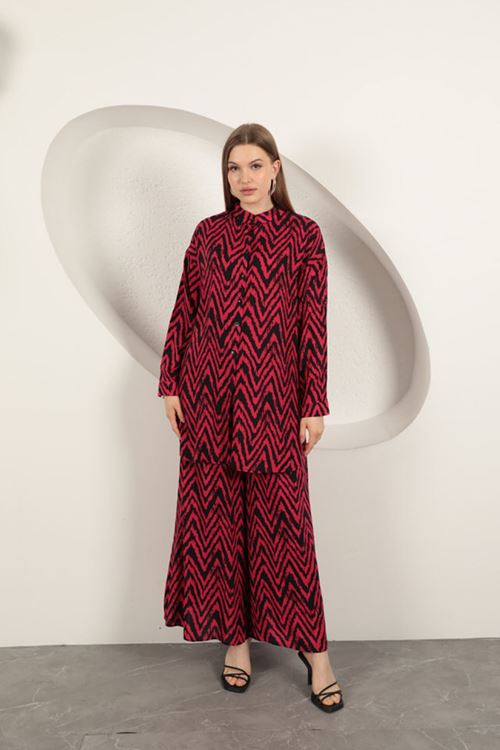 Viskon Kumaş Çizgili Kadın Takım-Fuşya