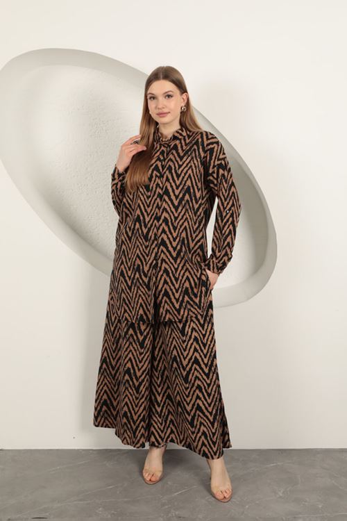 Viskon Kumaş Çizgili Kadın Takım-Camel