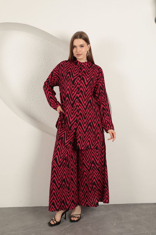 Viskon Kumaş Çizgili Kadın Takım-Fuşya