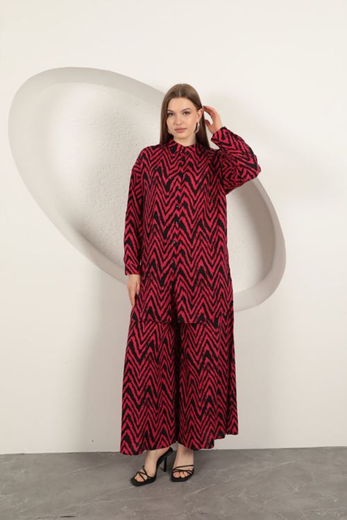 Viskon Kumaş Çizgili Kadın Takım-Fuşya