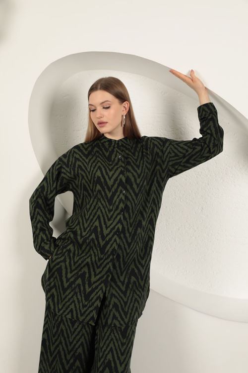 Viskon Kumaş Çizgili Kadın Takım-Haki