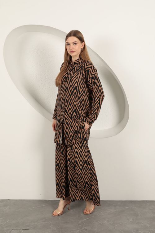 Viskon Kumaş Çizgili Kadın Takım-Camel