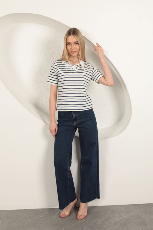 Süprem Kumaş Çizgili Kadın Tişört-Mavi