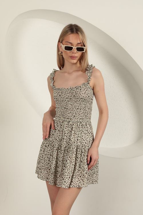 Viskon Çıtır Çiçek Desen Elbise-Bej