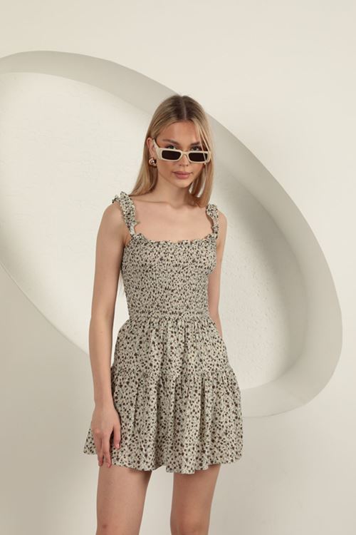 Viskon Çıtır Çiçek Desen Elbise-Bej