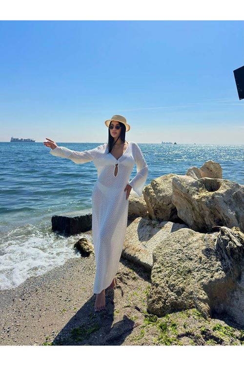 V Yaka Bağlama Detaylı Örgü Plaj Elbisesi