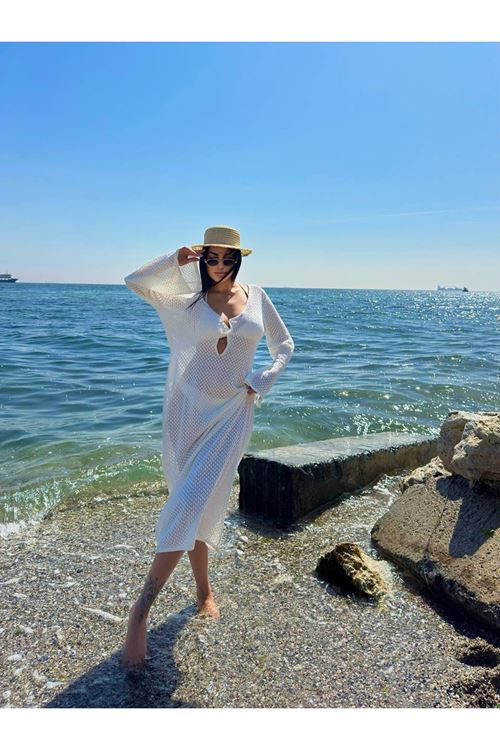 V Yaka Bağlama Detaylı Örgü Plaj Elbisesi