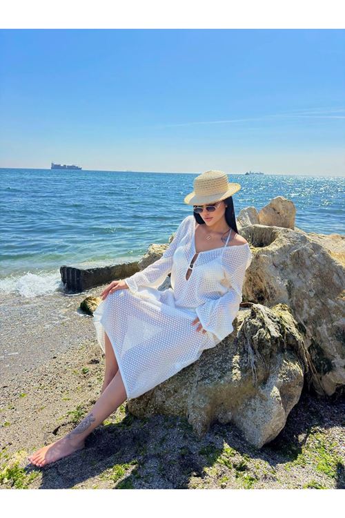 V Yaka Bağlama Detaylı Örgü Plaj Elbisesi