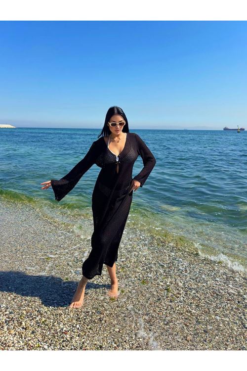 V Yaka Bağlama Detaylı Örgü Plaj Elbisesi