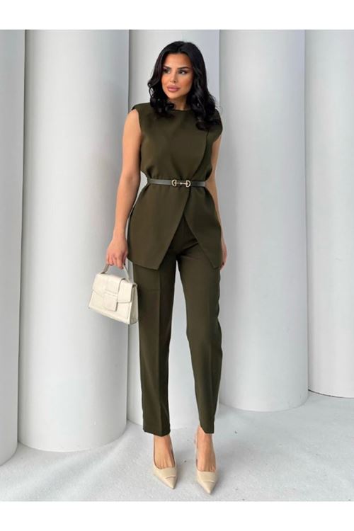 Elegant Sleeveless Women's Suit with Belt Detail