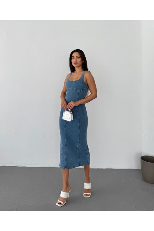Vücuda Oturan Denim Kalem Elbise