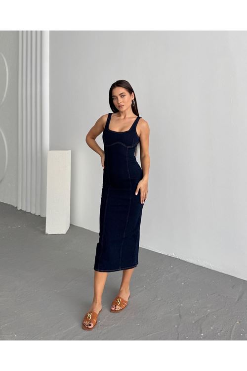 Vücuda Oturan Denim Kalem Elbise